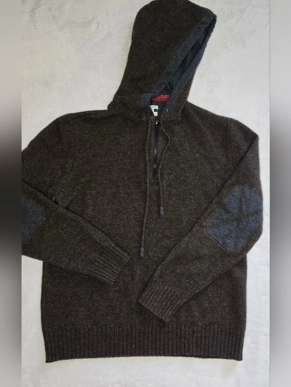Carbon2Cobalt Lambswool Blend Brown Hooded Quarter Zip Pullover L